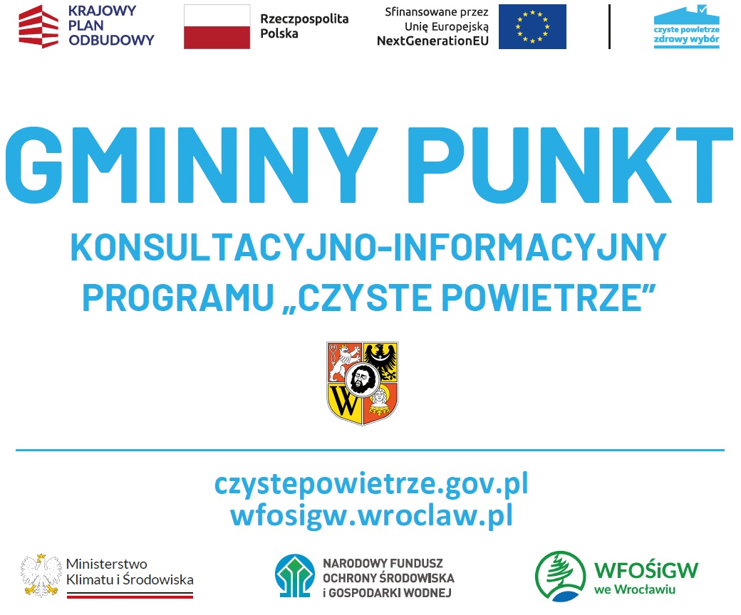 plakat informujący o gminnym punkcie konsultacyjnym. logo KPO, logo programu czyste powietrze, flaga polski, flaga UE. logo MInisterstwa Klimatu i Środowiska, 
