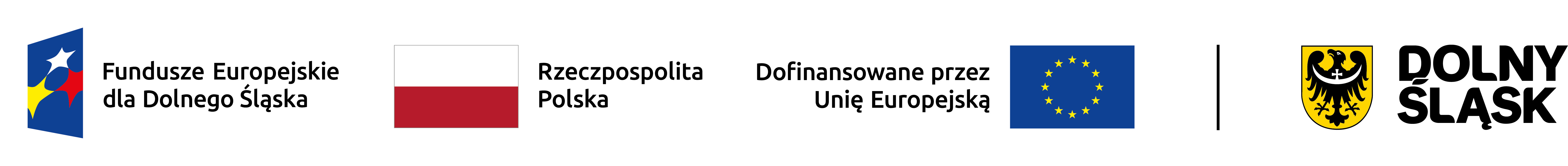 Logotypy: od lewej symbol Funduszy Europejskich dla Dolnego Śląska, Flaga Polski z napisem Rzeczpospolita Polska, Flaga Unii Europejskiej z napisem Dofinansowane przez Unię Europejską, Godło Dolnego Śląska z napisem Dolny Śląsk