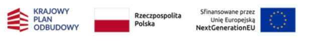 loga instytucji finansujących projekt:  Logo programu Krajowy Plan Odbudowy, flaga Polski, flaga UE