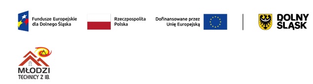 loga instytucji finansujących projekt: Fundusze Europejskie dla Dolnego Śląskap, flaga Polski, flaga Unii Europejskiej i herb Dolnego Śląska. Logo Młodzi Technicy z 18