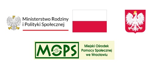 loga instytucji finansujących, środków Ministerstwa Rodziny i Polityki Społecznej , MOPS Wrocław, flaga i godło Polski