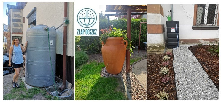 przykładowe realizacje, zbiorniki do łapania deszczówki oraz logo programu Złap deszcz